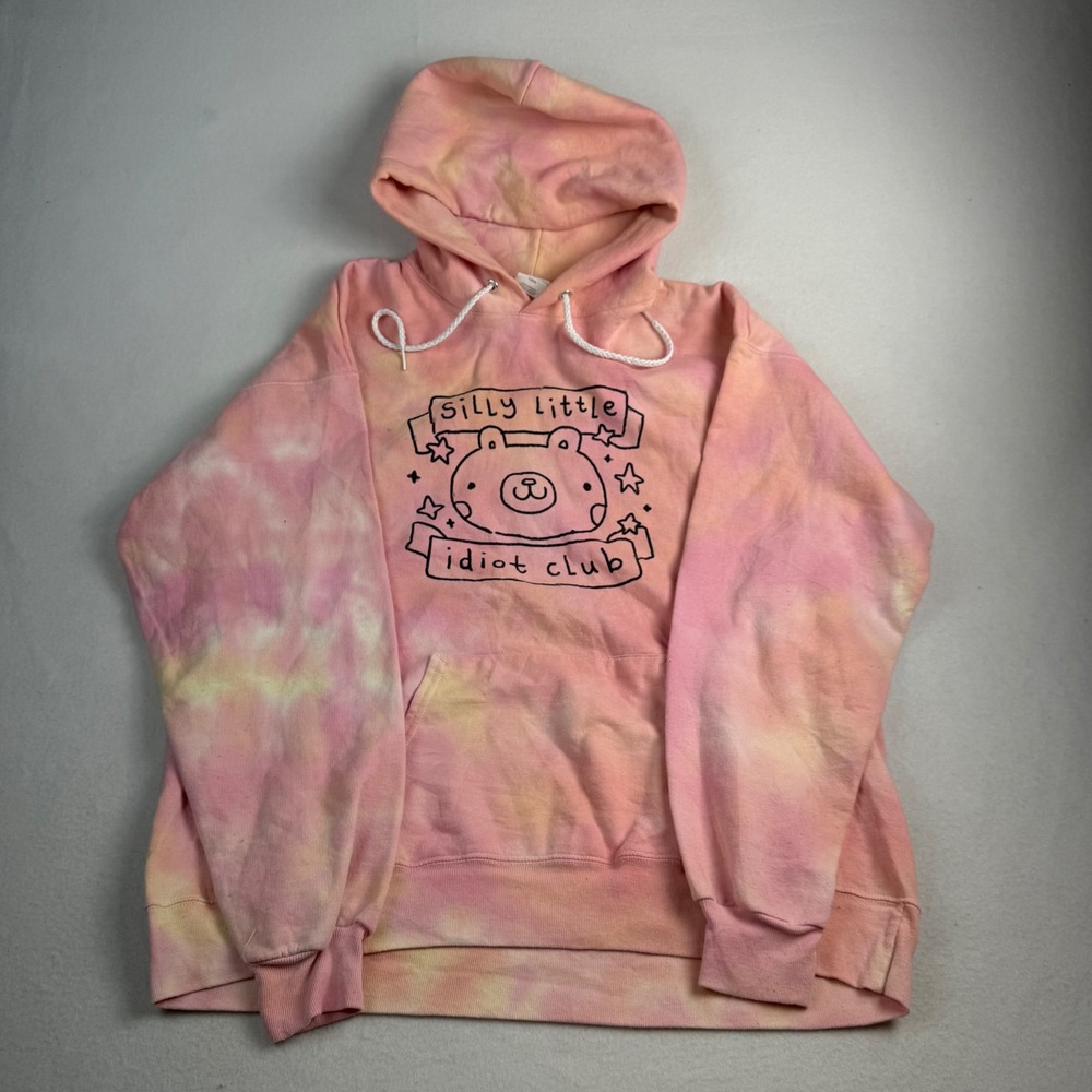 Silly Little Idiot Club Bear Graphic Tie Dye Hoodie Pink Yellow Large